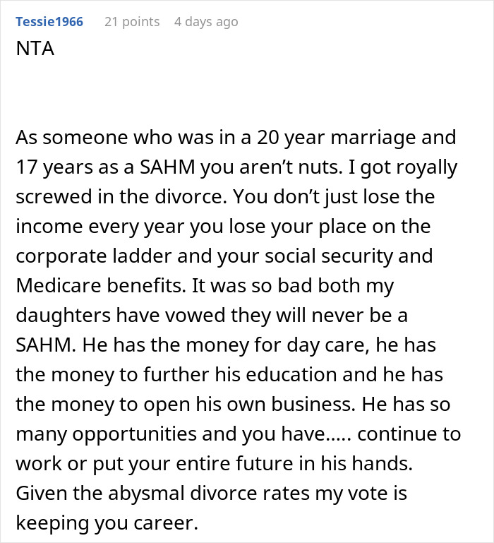 Screenshot of an online comment discussing in-laws demanding a woman quit her job and the impact on careers and marriage. Screenshot of an online comment discussing in-laws demanding a woman quit her job and the impact on careers and marriage.