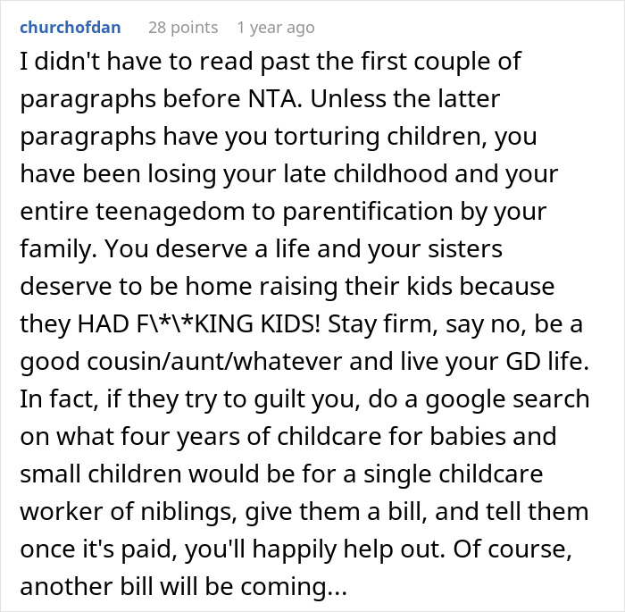 Comment on Reddit about a 17-year-old drawing the line after years of unpaid babysitting and lack of respect from family.