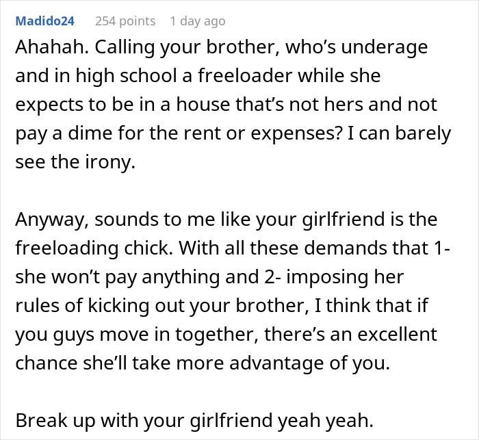 Comment discussing a teen working two jobs after losing parents, unfairly labeled a freeloader by brother’s girlfriend. Comment discussing a teen working two jobs after losing parents, unfairly labeled a freeloader by brother’s girlfriend.