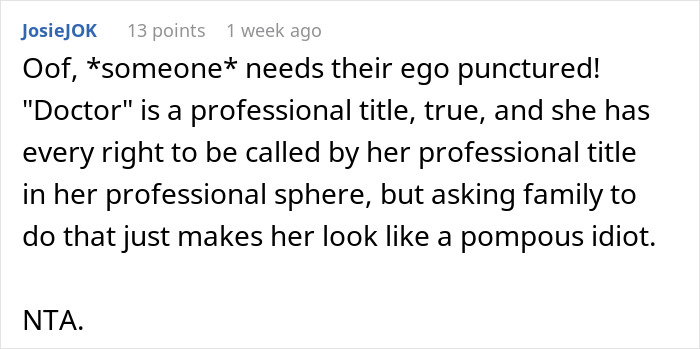Comment discussing an aunt with PhD expecting family and husband to call her doctor, viewed on a social media platform. Comment discussing an aunt with PhD expecting family and husband to call her doctor, viewed on a social media platform.