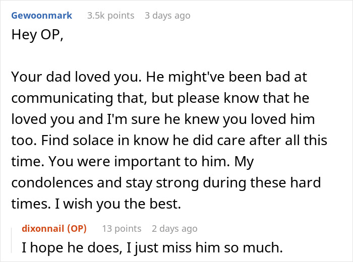 Reddit conversation discussing love and loss related to a dad leaving a storage unit in his will. Reddit conversation discussing love and loss related to a dad leaving a storage unit in his will.