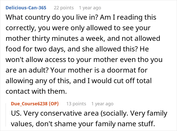 Screenshot of a Reddit thread discussing a woman refusing contact with her unhinged stepfather. Screenshot of a Reddit thread discussing a woman refusing contact with her unhinged stepfather.