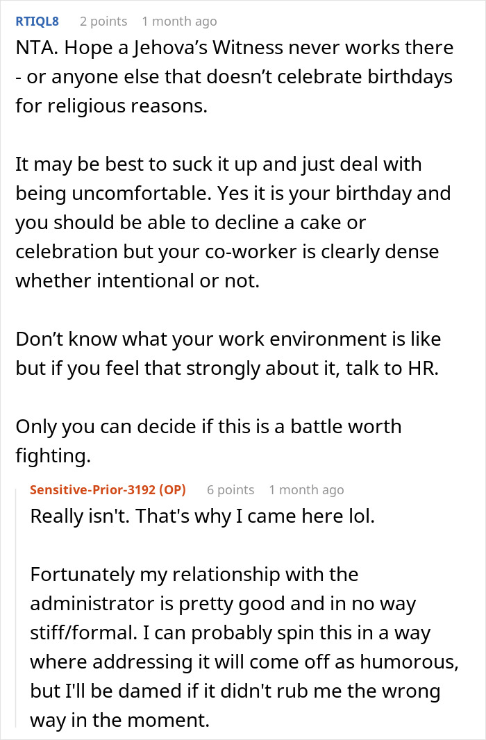 Reddit conversation screenshot discussing an annoyed worker birthday cake and workplace celebration discomfort. Reddit conversation screenshot discussing an annoyed worker birthday cake and workplace celebration discomfort.