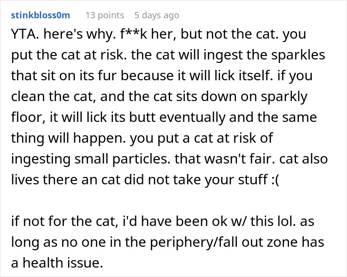 Comment warning about risks of putting glitter in humidifier affecting cat around roommate stealing clothes. Comment warning about risks of putting glitter in humidifier affecting cat around roommate stealing clothes.