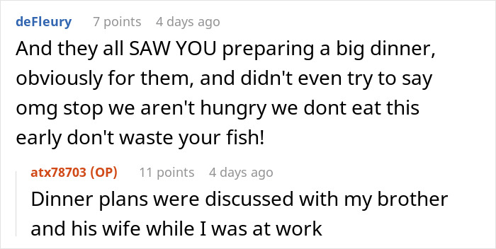 Commenters discuss entitled family behavior and misunderstandings around dinner plans causing frustration and hunger.