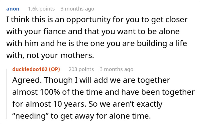 Text comments discussing a couple’s plans for a stress-free trip before their wedding and family involvement in guest lists. Text comments discussing a couple’s plans for a stress-free trip before their wedding and family involvement in guest lists.