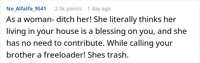 Screenshot of a social media comment criticizing a brother’s girlfriend for calling teen a freeloader while they work two jobs. Screenshot of a social media comment criticizing a brother’s girlfriend for calling teen a freeloader while they work two jobs.