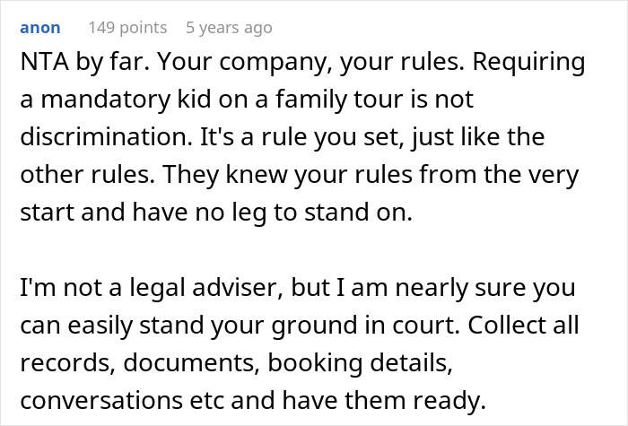 Screenshot of online comment supporting a tour company’s rules amid bad reviews after turning away childfree couples from family tours.
