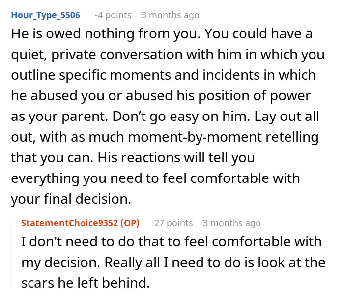 Text exchange about a man refusing to donate an organ to his abusive father due to childhood trauma and scars. Text exchange about a man refusing to donate an organ to his abusive father due to childhood trauma and scars.