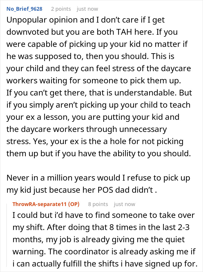 Reddit users discuss mom covering for ex during custody weeks and daycare calling CPS after multiple no-shows. Reddit users discuss mom covering for ex during custody weeks and daycare calling CPS after multiple no-shows.