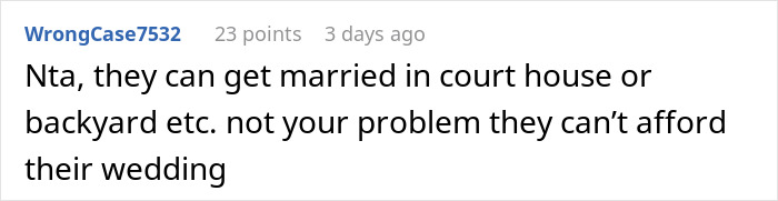 Comment on Reddit discussing BIL calling groom discount Ryan Reynolds and bride banning him from event over $2K loan refusal. Comment on Reddit discussing BIL calling groom discount Ryan Reynolds and bride banning him from event over $2K loan refusal.