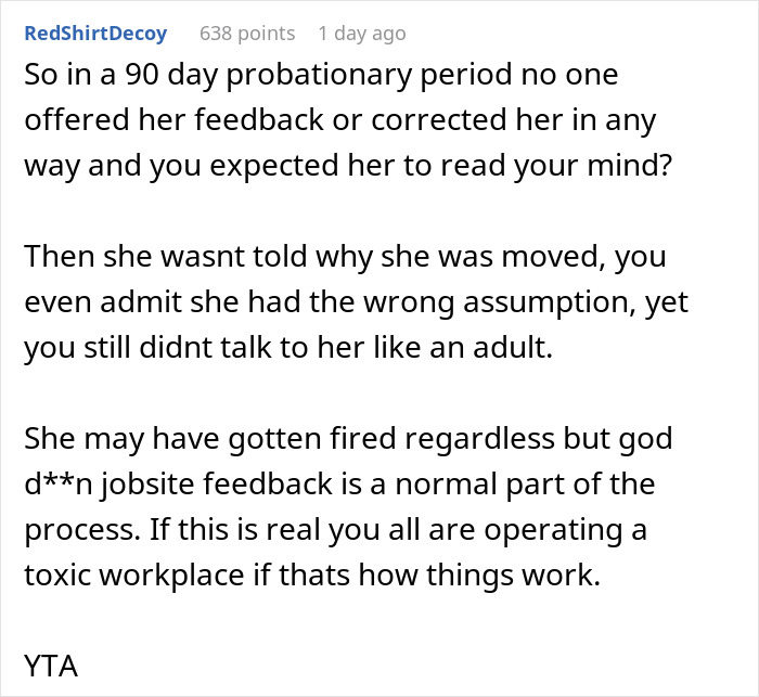 Comment discussing lack of feedback during probationary period leading to friend getting fired in a toxic workplace.