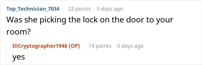 Comment thread screenshot showing a user asking if someone was picking the lock on a door, with a reply confirming yes. Comment thread screenshot showing a user asking if someone was picking the lock on a door, with a reply confirming yes.