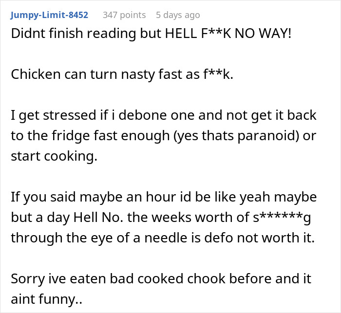 Comment expressing strong disgust about raw chicken left out too long, warning about biohazard risks and food safety concerns. Comment expressing strong disgust about raw chicken left out too long, warning about biohazard risks and food safety concerns.