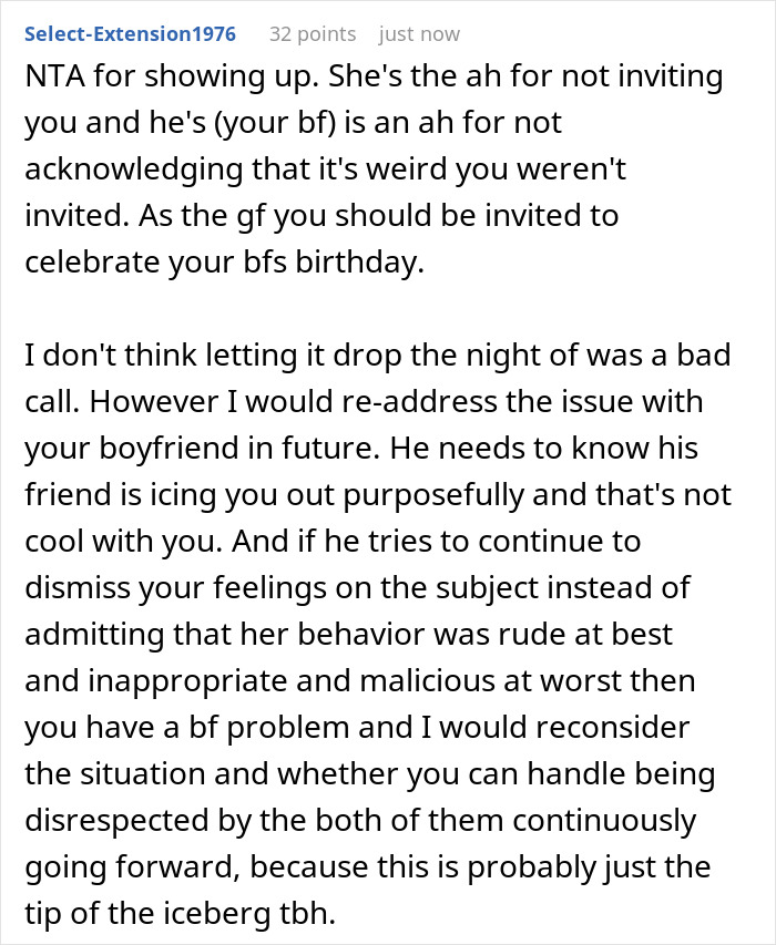Reddit comment discussing guy’s female best friend not inviting his girlfriend to surprise birthday party. Reddit comment discussing guy’s female best friend not inviting his girlfriend to surprise birthday party.