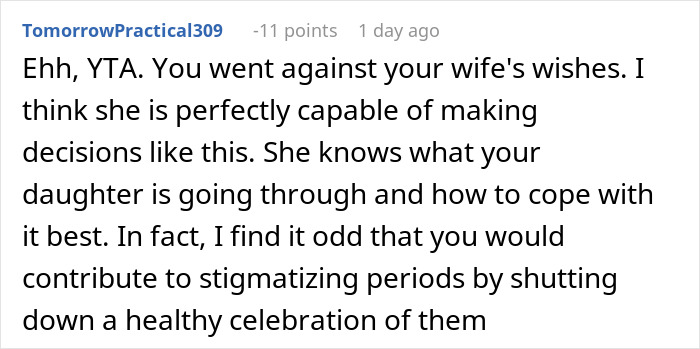 Comment discussing mom wanting to give 12-year-old daughter a menstruation celebration, debating family decisions. Comment discussing mom wanting to give 12-year-old daughter a menstruation celebration, debating family decisions.