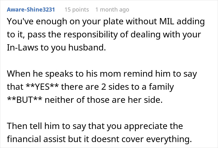 Comment advising a woman battling cancer to let her husband handle issues with his MIL who calls her requests tacky and dramatic. Comment advising a woman battling cancer to let her husband handle issues with his MIL who calls her requests tacky and dramatic.