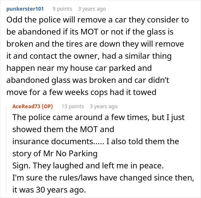 Comment discussing police towing abandoned cars and parking rules on public roads near homes. Comment discussing police towing abandoned cars and parking rules on public roads near homes.
