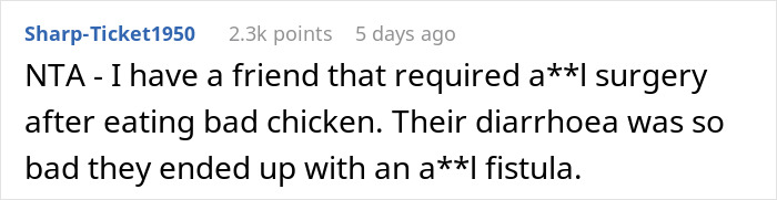 Screenshot of a Reddit comment warning about the health risks of eating bad chicken causing severe complications. Screenshot of a Reddit comment warning about the health risks of eating bad chicken causing severe complications.