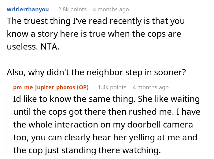 Screenshot of Reddit conversation discussing neighbor’s meltdown after calling cops on 2YO wandering streets alone. Screenshot of Reddit conversation discussing neighbor’s meltdown after calling cops on 2YO wandering streets alone.