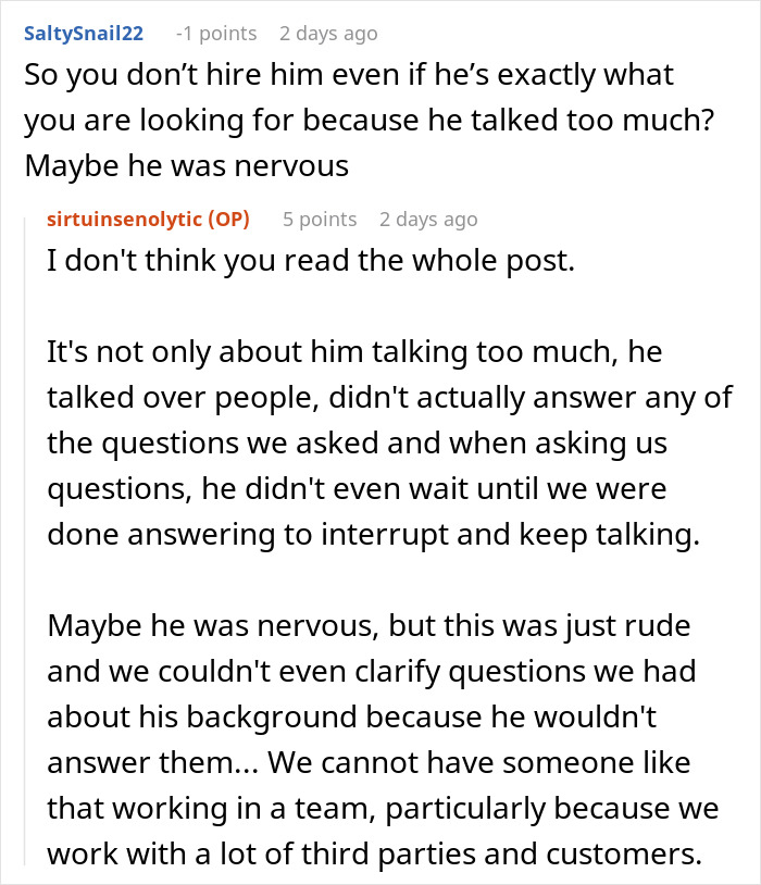 Reddit user discussing a job interview candidate with a high chance of getting hired but who blew it quickly. Reddit user discussing a job interview candidate with a high chance of getting hired but who blew it quickly.