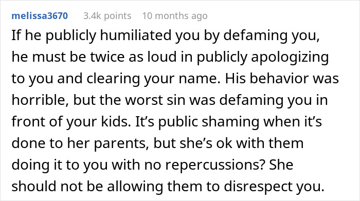 Screenshot of a forum comment discussing false accusation from wife and father, emphasizing public humiliation and family disrespect.