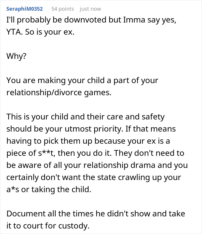 Screenshot of an online comment discussing custody, child safety, and calling CPS after repeated no-shows by ex during custody weeks. Screenshot of an online comment discussing custody, child safety, and calling CPS after repeated no-shows by ex during custody weeks.