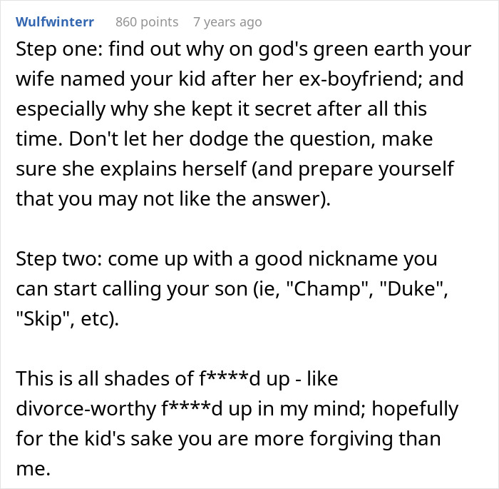 Alt text: Online advice post about husband feeling sick after realizing who their son is named after with steps to handle the situation Alt text: Online advice post about husband feeling sick after realizing who their son is named after with steps to handle the situation