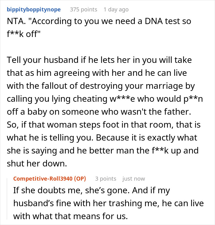 Screenshot of a Reddit comment discussing demanding a DNA test for a delivery room baby to settle paternity doubts.