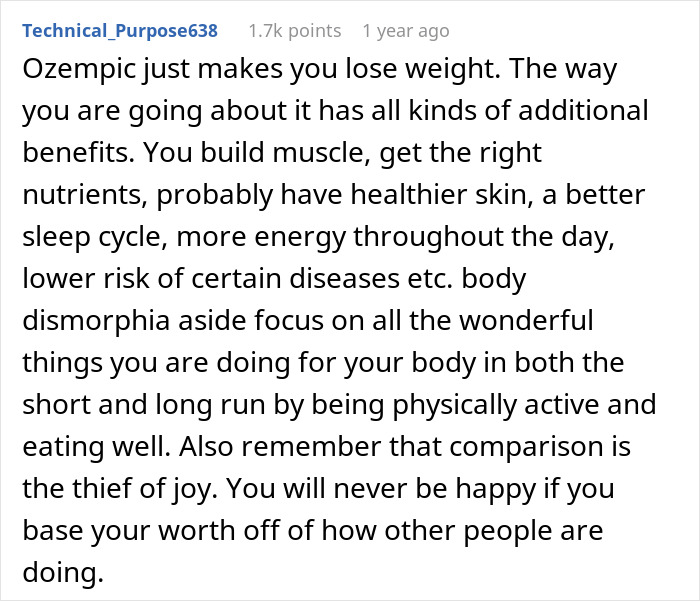 Comment discussing the impacts and benefits of Ozempic use, including weight loss and improved health aspects. Comment discussing the impacts and benefits of Ozempic use, including weight loss and improved health aspects.