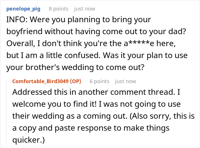 Reddit comments discussing a gay man attending his twin’s wedding with partner and the invitation confusion. Reddit comments discussing a gay man attending his twin’s wedding with partner and the invitation confusion.