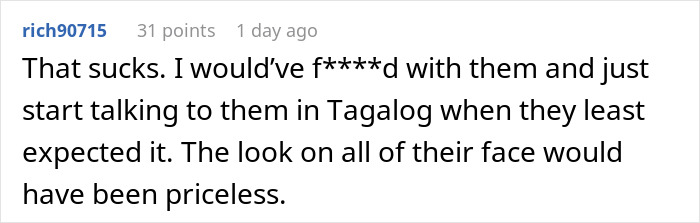 Screenshot of a forum comment describing a story about a guy’s family trashing his fiancé, unaware she understands their language. Screenshot of a forum comment describing a story about a guy’s family trashing his fiancé, unaware she understands their language.
