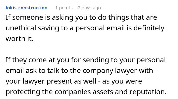 Text of a user warning about unethical requests to fudge data and advising to involve a company lawyer for protection. Text of a user warning about unethical requests to fudge data and advising to involve a company lawyer for protection.