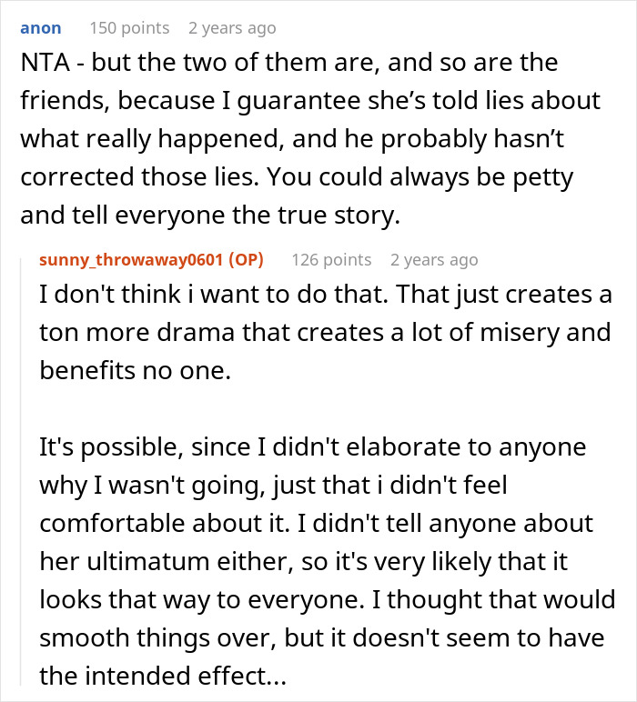 Screenshot of online discussion about woman begging friend to cut off guy after petty conflict, months later set to marry him.