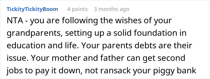 Screenshot of online comment supporting a teen refusing to sacrifice her future to fix parents’ financial mistakes.