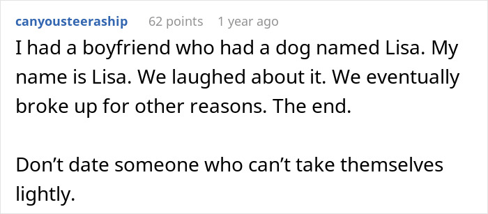Screenshot of a Reddit comment about a woman upset over her partner refusing to rename their cat, highlighting relationship tension. Screenshot of a Reddit comment about a woman upset over her partner refusing to rename their cat, highlighting relationship tension.