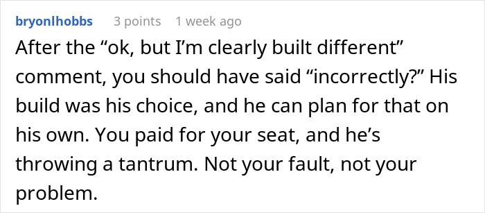 Comment discussing man invading woman’s space after she declines seat swap, highlighting modern times victim claim.