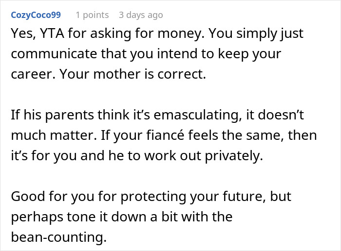 Screenshot of a Reddit comment discussing in-laws demanding a woman quit her job for emasculating their son. Screenshot of a Reddit comment discussing in-laws demanding a woman quit her job for emasculating their son.