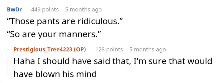Online exchange where a boomer complains about stranger’s pants and gets an appalled response in the comments. Online exchange where a boomer complains about stranger’s pants and gets an appalled response in the comments.