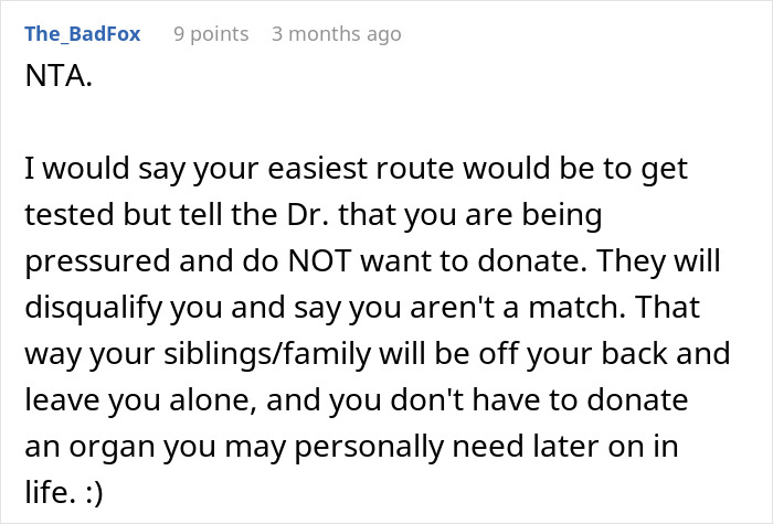 Screenshot of online comment advising not to donate an organ to the father who made childhood difficult. Screenshot of online comment advising not to donate an organ to the father who made childhood difficult.