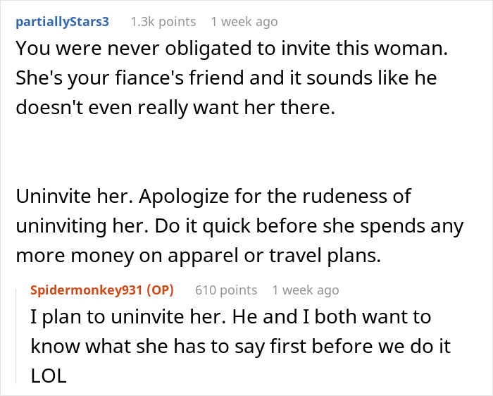 Comments discussing fiancé’s female friend demanding speech, matching dress, and best man role before the bride cuts ties. Comments discussing fiancé’s female friend demanding speech, matching dress, and best man role before the bride cuts ties.