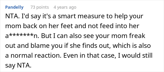 Screenshot of an online comment discussing a wife discovering her husband secretly owns his mom’s house and rents it to her. Screenshot of an online comment discussing a wife discovering her husband secretly owns his mom’s house and rents it to her.