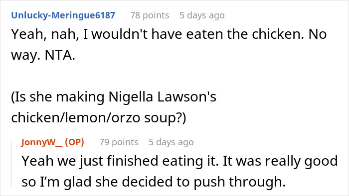 Reddit conversation discussing wife leaving raw chicken in trunk and husband calling it a biohazard, refusing to eat dinner. Reddit conversation discussing wife leaving raw chicken in trunk and husband calling it a biohazard, refusing to eat dinner.