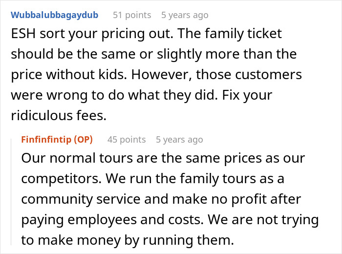 User comments discussing tour company pricing and policies after childfree couple denied from family tour result in bad reviews.