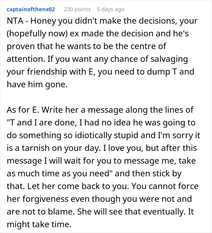 Text post from user captainofthenx02 advising to end a friendship after a public proposal causes embarrassment and tears.