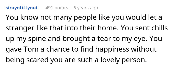 Comment expressing gratitude for kindness to a man on patio, mentioning autism and describing a creepy experience. Comment expressing gratitude for kindness to a man on patio, mentioning autism and describing a creepy experience.