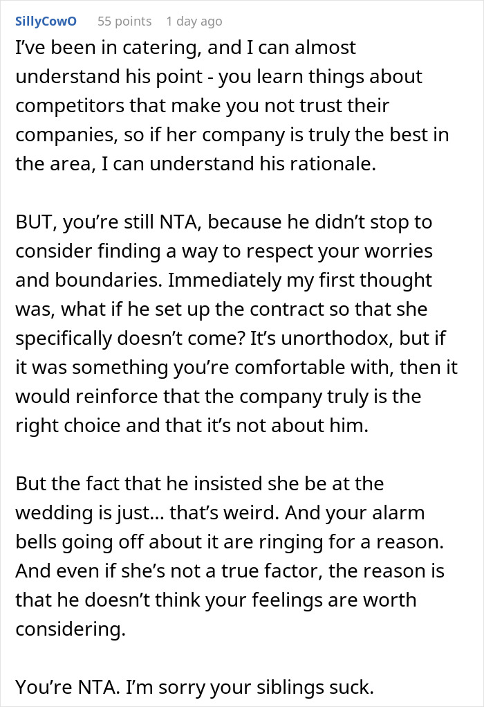 Alt text: Comment discussing bride's protests and groom's ex influence on wedding caterer choice and boundaries ignored Alt text: Comment discussing bride's protests and groom's ex influence on wedding caterer choice and boundaries ignored