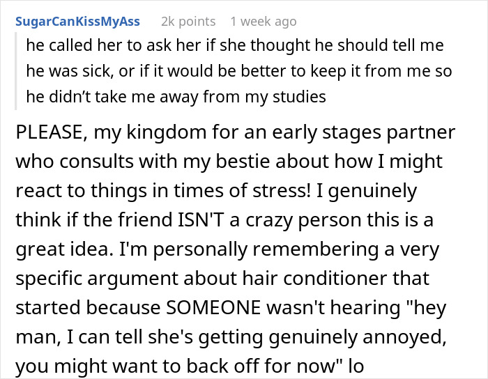 Text conversation about a partner consulting a best friend, highlighting best friend sabotage in a relationship with a boyfriend.