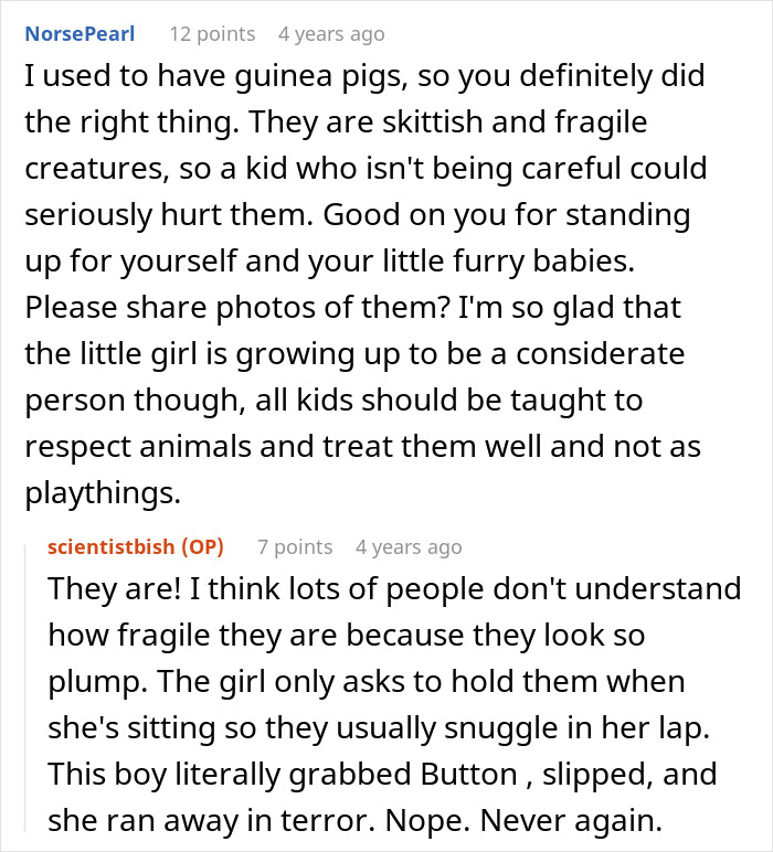 Commenters discuss not babysitting undisciplined kid and the importance of respecting fragile pets like guinea pigs. Commenters discuss not babysitting undisciplined kid and the importance of respecting fragile pets like guinea pigs.