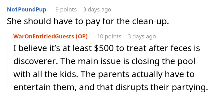 Screenshot of a Reddit discussion about Karen's kid poop hotel pool cleanup costs and issues with closing the pool for kids.